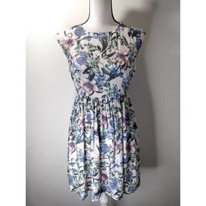 Modcloth Sunny Girl Blue & Pink Floral Cap Sleeves Fit Flare Rayon Dress Size S